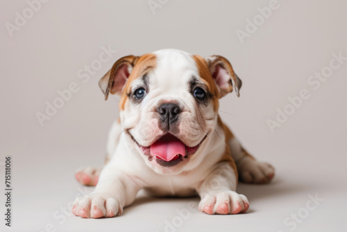 Closeup Full Body Photograph of a Happy Bulldog Puppy Lying Down with a Playful Smile  Isolated on a Solid White Background