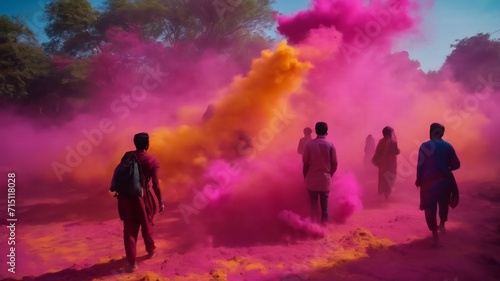 Abstract template on dust powder explosion Holi backdrop. Indian traditional Holiday, generative AI