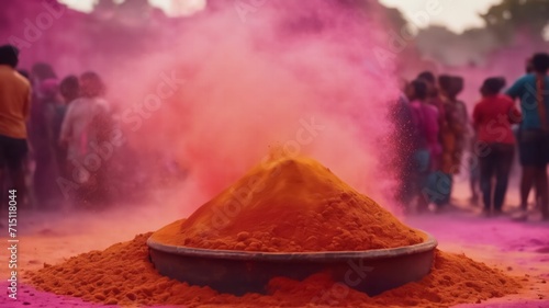 Abstract template on dust powder explosion Holi backdrop. Indian traditional Holiday, generative AI photo