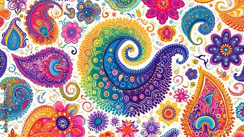 Abstract colourful rainbow paisley design pattern on white background