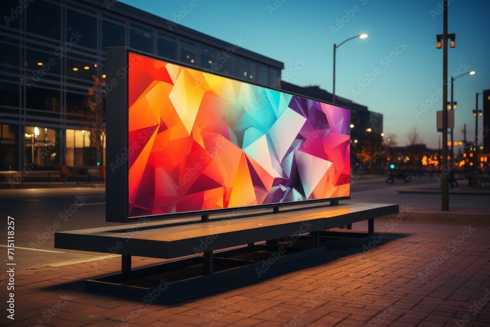Flat design style billboard mockup in an urban environment, showcasing bright colors and simple, flat geometric shapes - obrazy, fototapety, plakaty 