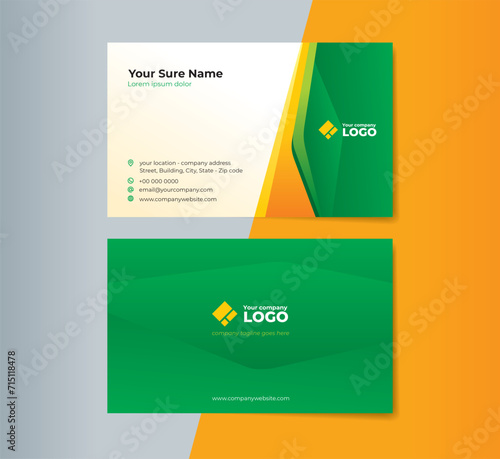 Set of double sided business card templates design with green and orange abstract shape on white blue gradation background