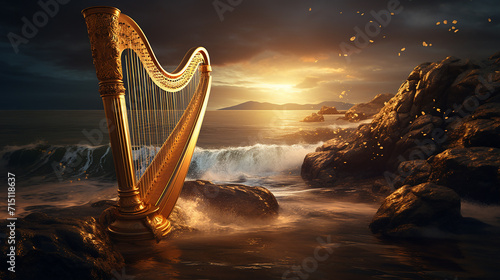 harp stands on a rocky promontory, the incoming tide swirling around its base, under a twilight sky photo