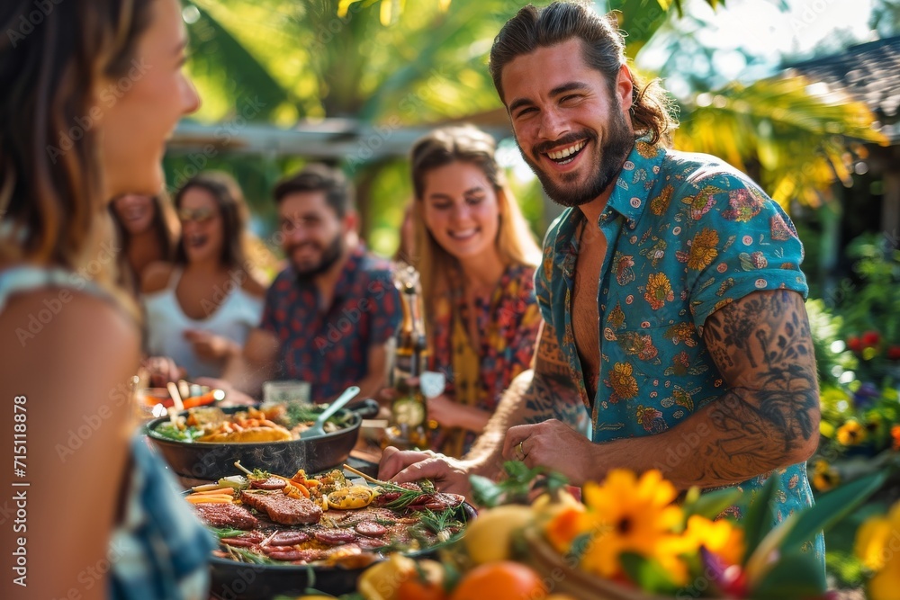 A diverse group of individuals, dressed in vibrant clothing and adorned with flowers, gather joyfully around a table filled with delicious food at an outdoor marketplace