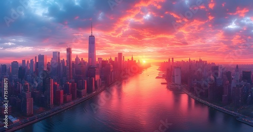 aerial view of york city and new york boroughs. sunset over the river