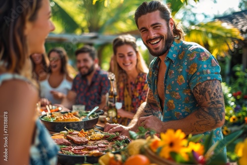 A diverse group of individuals, dressed in vibrant clothing and adorned with flowers, gather joyfully around a table filled with delicious food at an outdoor marketplace
