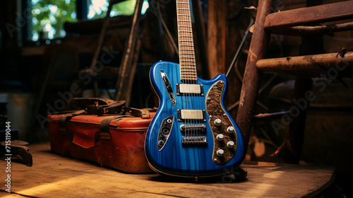 Indigo blue electric guitar and a concertina on a vintage teak table