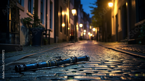 A clarinet lies on an old cobblestone street of a sleeping town with the street lights casting photo