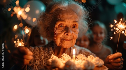 Grandma and grandchildren are sitting in front of a birthday cake