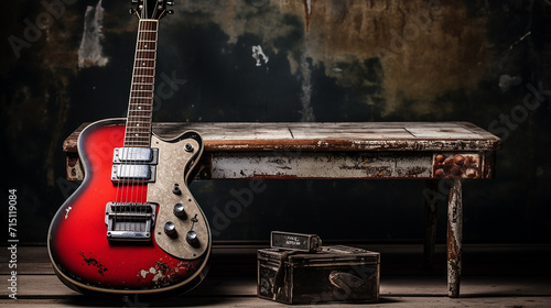 Classic red electric guitar and a set of silver bongos on a distressed pine bench