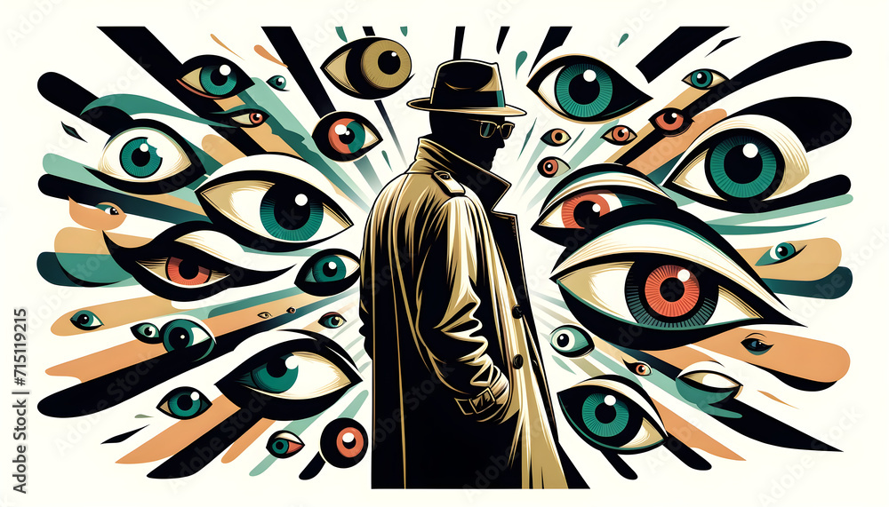 Obraz premium Abstract Surveillance Concept - Mysterious Man in Hat Surrounded by Colorful Watchful Eyes in Field, Symbolizing Privacy Invasion and Secret Observers - Colorful Vector Illustration