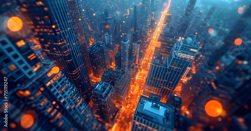 aerial view shows several skyscrapers. city skyline. city skyline at night. technology background