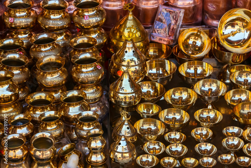 Ayodhya, India. Religious items for sale in street shop.