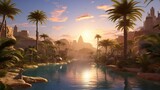 A desert oasis with palm trees, camels, and a shimmering pool of water mirroring the endless sky.