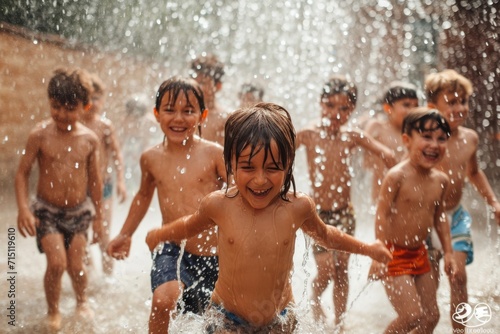 Joyful youngsters frolic in the cool  refreshing water as they splash and play in their swimsuits  their laughter echoing through the serene outdoor setting