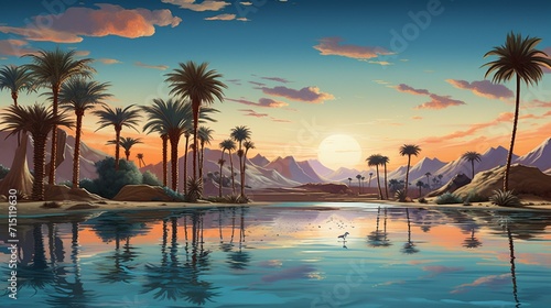 A desert oasis with palm trees, camels, and a shimmering pool of water mirroring the endless sky. © Qayyum Art