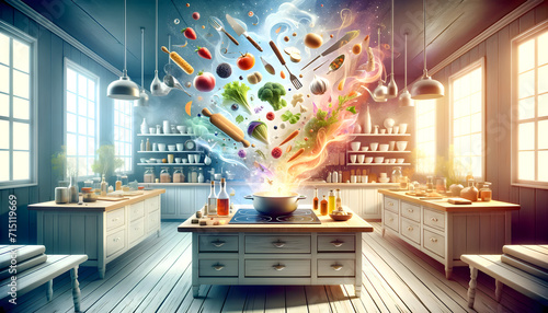 Stunning 3D Rendered Kitchen with Colorful Ingredient Explosion Concept - Bright, Happy Culinary Creativity with Fruits, Vegetables, Spices, Herbs, White Interior, Large Windows & Chandeliers