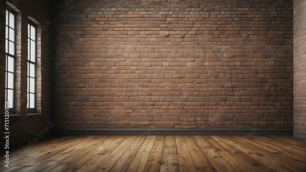 Empty wood floor and brick wall for Vintage wallpaper, generative, AI.