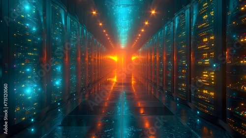 image of an open data center with servers. abstract background with lights. lights of fractal realms