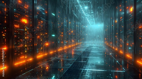 image of an open data center with servers. abstract background with lights