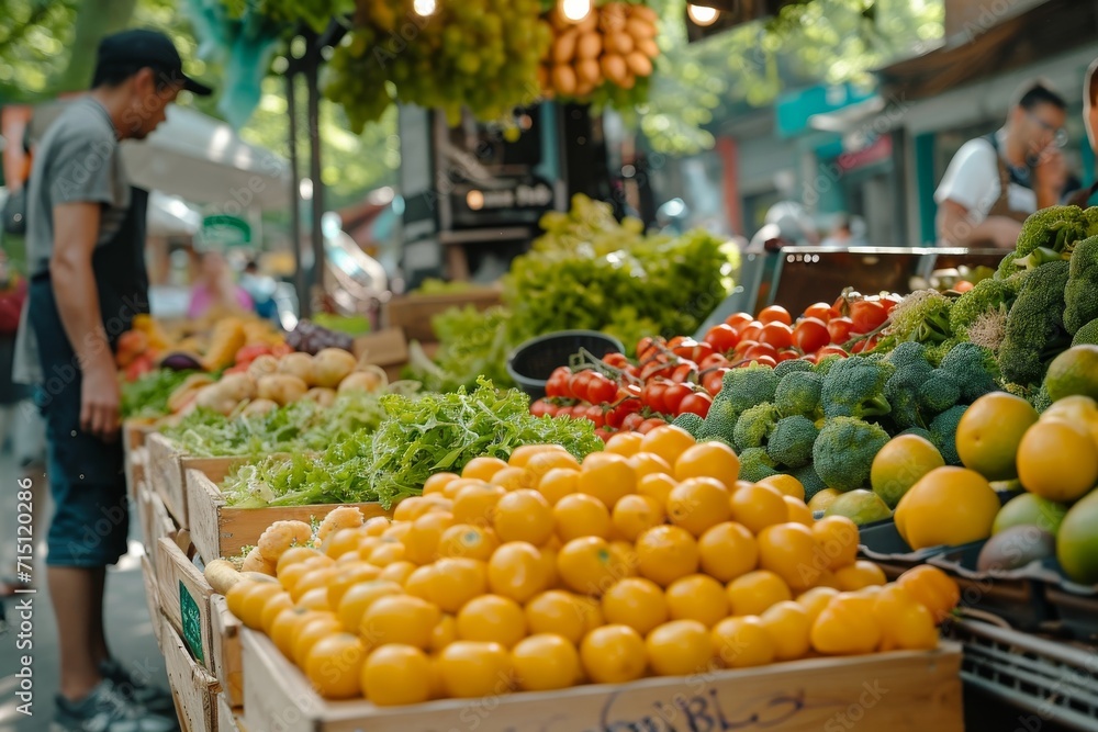 A vibrant marketplace filled with an abundance of fresh, locally-sourced fruits and vegetables, displayed by a friendly grocer, invites passersby to embrace a healthy, plant-based lifestyle