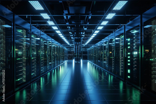 Server racks for modern data centers in a dark room with visual effects. Display of The concept of the Internet of Things, data flow, and digitalization of internet traffic. Multi-Level Electric Equip