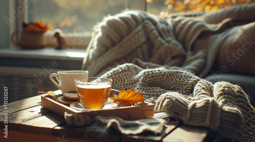 
In the home's living room interior, one can find still life elements, including sweaters and a cup of tea presented on a serving tray atop a coffee table. A morning breakfast. Generative AI photo