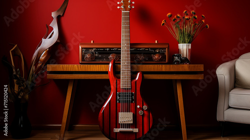 Ruby red bass guitar and an accordion on a solid chestnut hall table photo