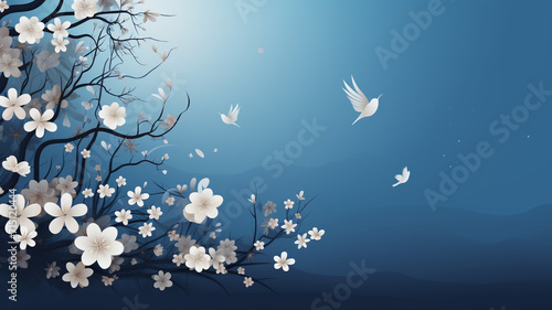 Spring natural world flowers flora and fauna. Blossoms, treesm air, sunlight warm weather birds leaves beauty. banner copy space greeting card wallpaper background. photo