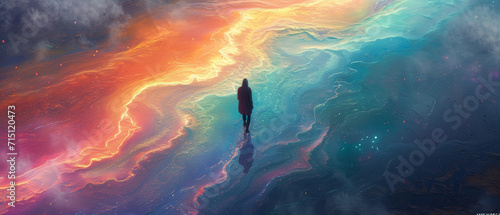 Solitary man walking on an iridescent lake. Surreal illustration, sense of loneliness and solitude. Dreamlike setting.