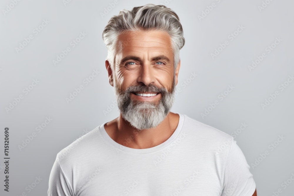 Handsome mature man with grey hair and beard looking at camera and smiling while standing against grey background Handsome mature man with grey hair and beard looking at camera and smiling while standing against grey background
