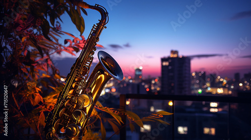 Saxophone in the city on a rooftop garden sparkles overlooking a bustling cityscape at dusk
