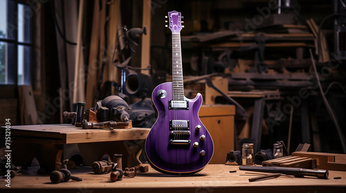 Metallic purple electric guitar and a set of timbales on a seasoned spruce workbench photo