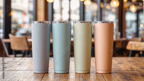 Four colorful tumblers are placed on a wooden table.