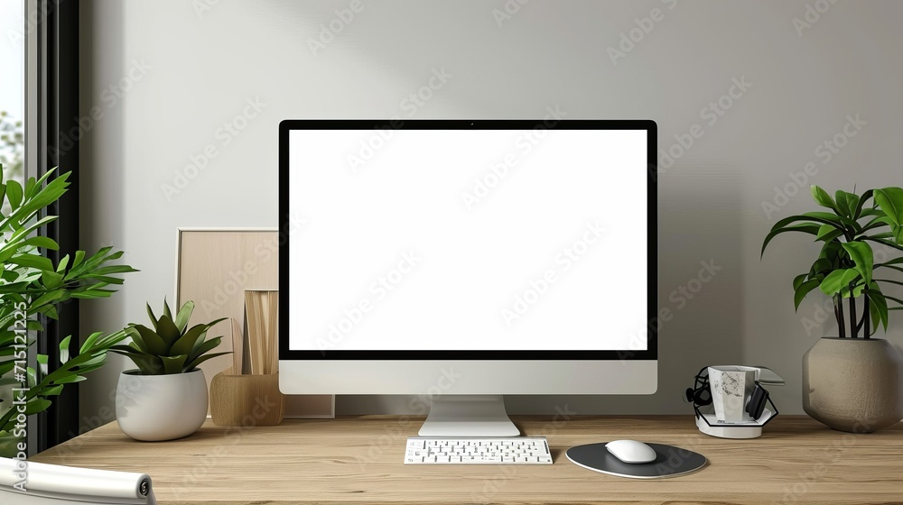 A modern home workspace with a white-screen PC computer mockup on a hardwood desk. 