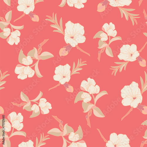 An Orange Background Shows off Peach Blossoms with Leaves and Branches in Peachy Colors Creating a Vector Repeat Seamless Pattern Design