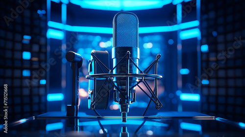 a sleek silver condenser microphone with a pop filter in a modern recording studio, 3D rendering.