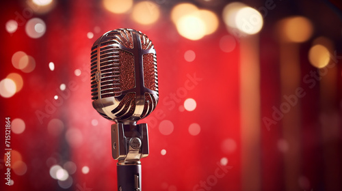 A boundary microphone on theater stage with red velvet curtain blurred background, 3D illustration