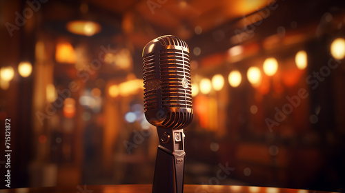 A carbon microphone with dim lighting and blurred vintage decor, 3D rendered