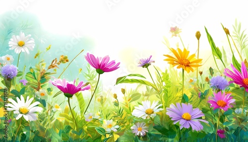 border of spring grass and flowers, with white background