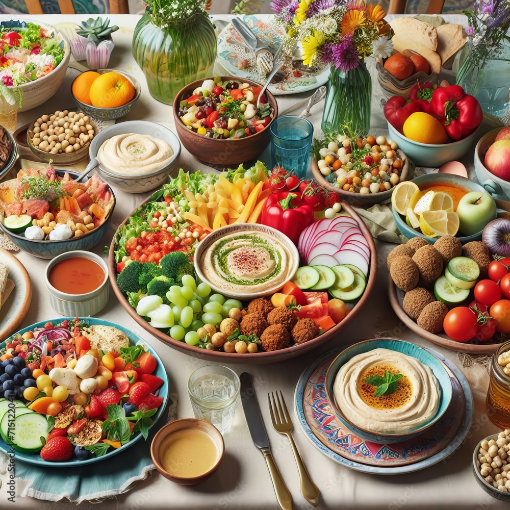 Table full of vegan dishes Table full of vegan dishes