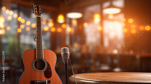 A contact microphone on acoustic guitar in a cozy cafe, with blurred lights background, 3D rendering photo