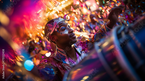 Steelpan in the carnival amidst the feathers and sequins of the carnival, a steelpan catches lights photo