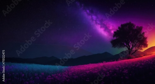 Night landscape with colorful Milky Way and yellow light at mountains. Starry sky with hills at summer. Beautiful Universe. Space background. generative, AI.