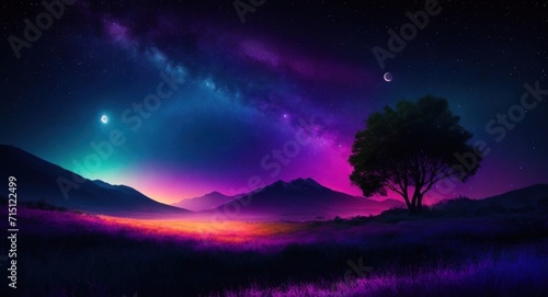 Night landscape with colorful Milky Way and yellow light at mountains. Starry sky with hills at summer. Beautiful Universe. Space background. generative, AI. © Oleks Stock