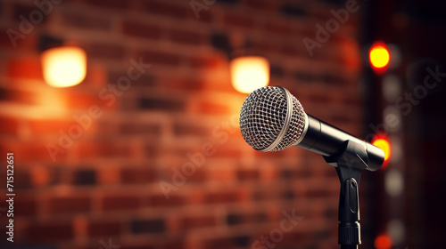 A handheld wireless microphone on a stand-up comedy stage, with a brick wall. 3D rendered