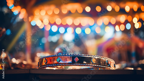 a lone tambourine lies forgotten, the scattered lights of the fairground creating a bokeh effect