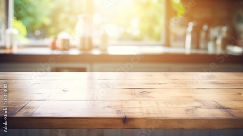 Rustic wooden worktop, blurred low contrast kitchen in background, sunshine rays 
