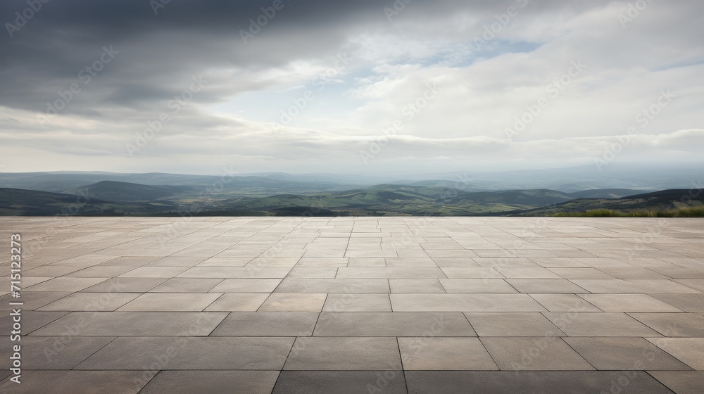 Empty square of paving slabs in wide, expansive, outdoor area, cloudy sky, and distant hills, surreal theme.