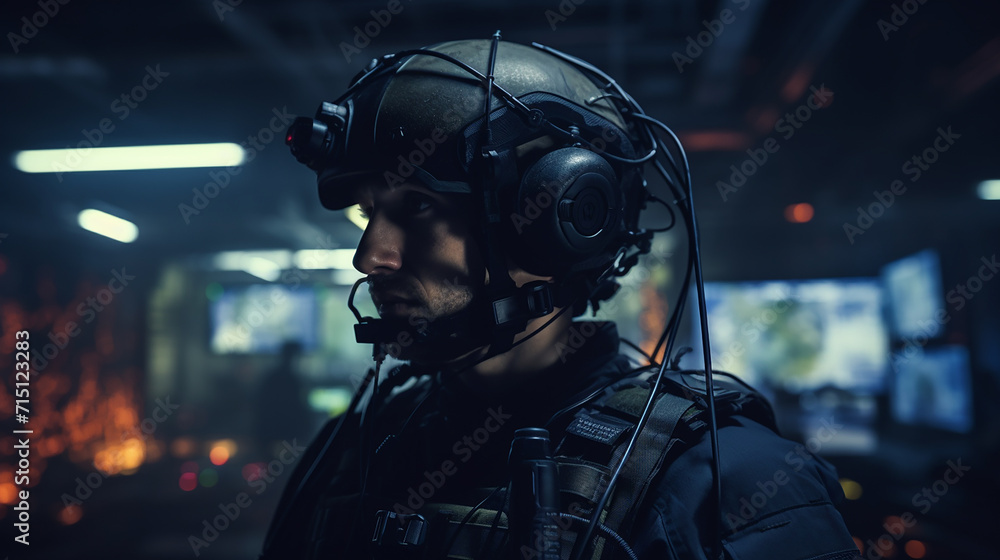 A throat microphone on a military operative, with the operations center and maps. 3D rendering A throat microphone on a military operative, with the operations center and maps. 3D rendering